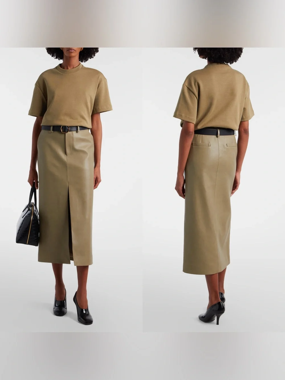 NWT The Frankie Shop Maybelle Faux Leather Maxi Skirt with Front Slit in Olive - Picture 6 of 16